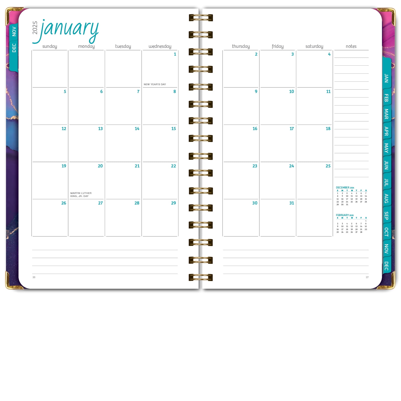 Global Printed Products Hardcover 2025 Daily, Monthly & Weekly Planner 5.5"x8", Pink Purple Marble