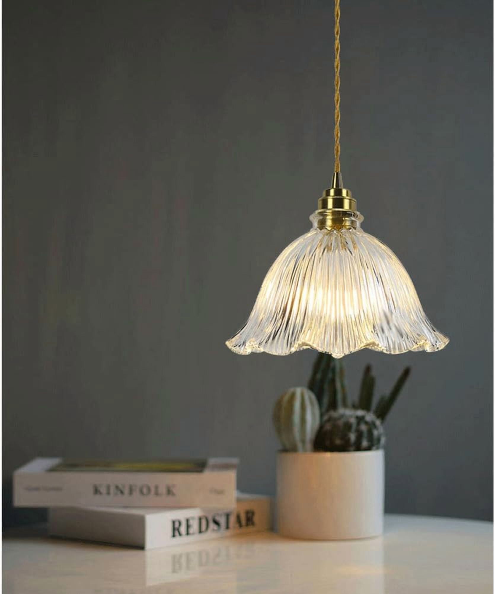 Flower Shape Clear Glass Pendant Light, Nordic Modern Transparent Glass Pendant Lamp, Simple Farmhouse Pendant Lighting for Dining Room, Rustic Pendant Light Fixture for Kitchen Island Sink Over Table