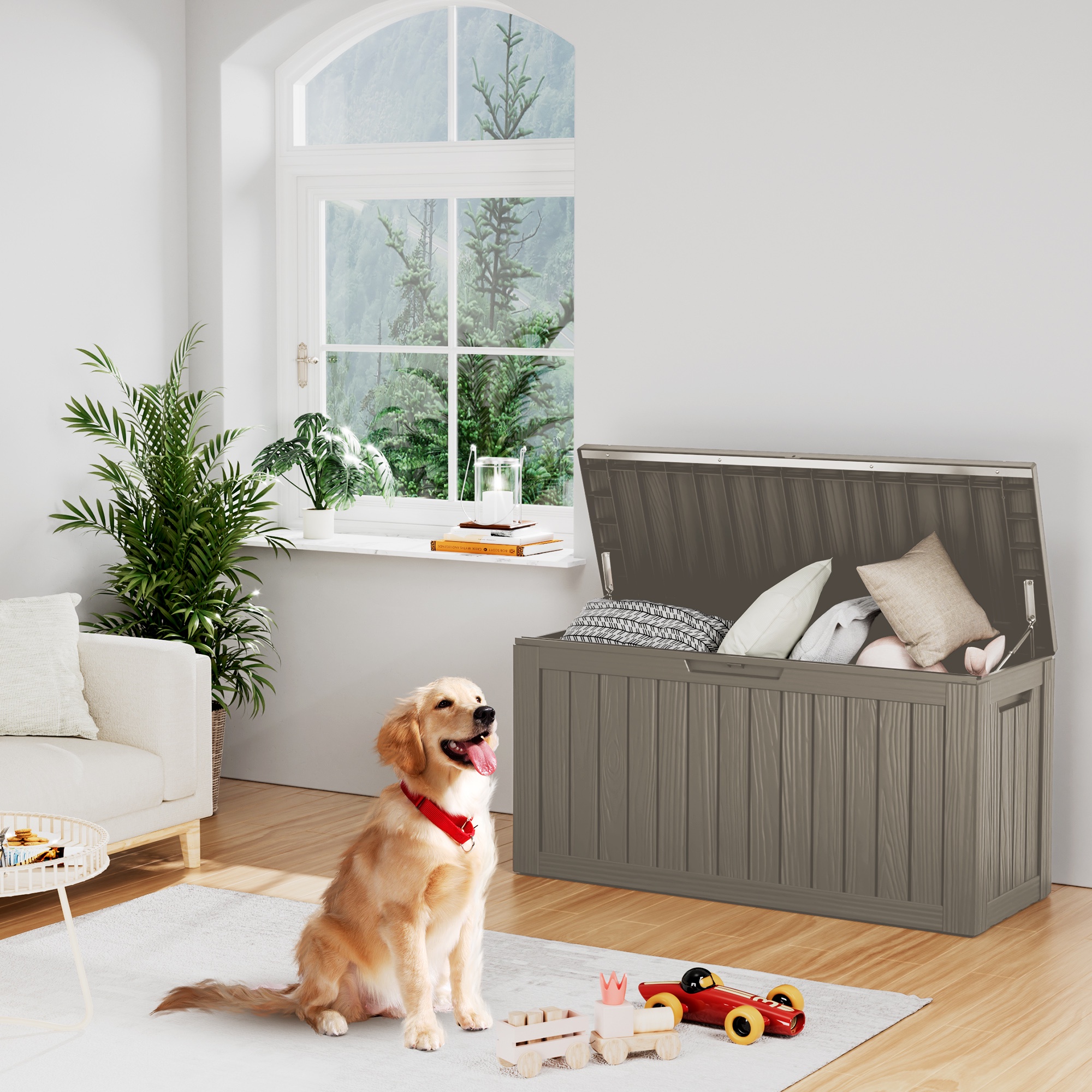 Patio Casual 80 Gallon Lockable Resin Deck Box, Waterproof & Outdoor Storage Box for Outdoor Cushion Storage and Outdoor Delivery Storage, Stylish Outdoor Bench,Light coffee