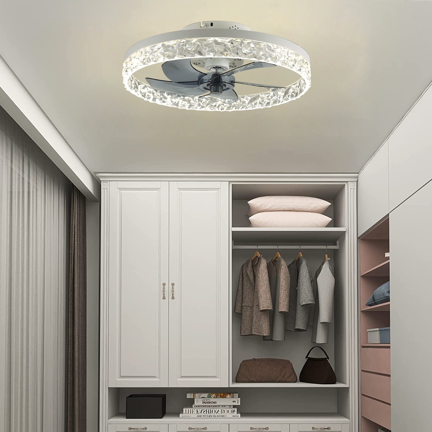 JLPAN Modern Ceiling Fans with Lights and Remote, 20" Dimmable Low Profile Ceiling Fan, Flush Mount Bladeless Ceiling Fan, Stepless Color Temperature Change and 6 Speeds,White