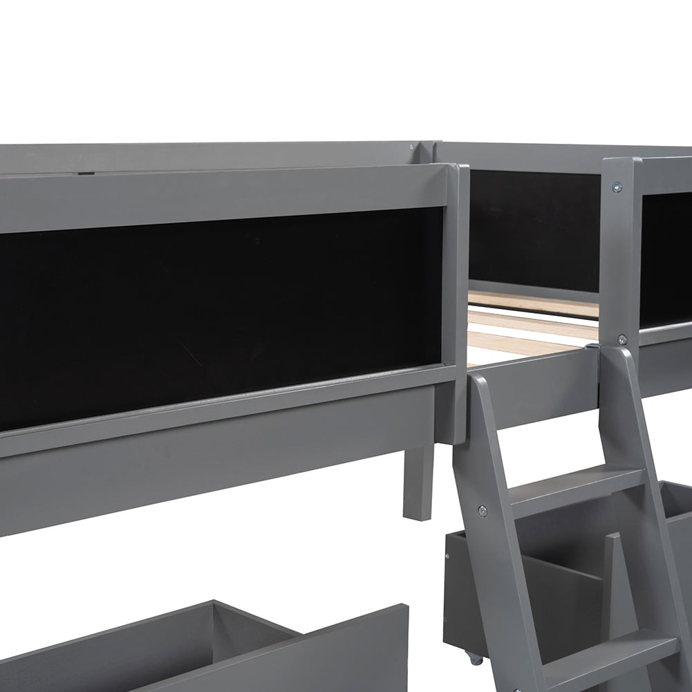 Kadyn Twin Size Low Loft Bed with Two Drawers,with Decorative Guardrail Chalkboard,Gray