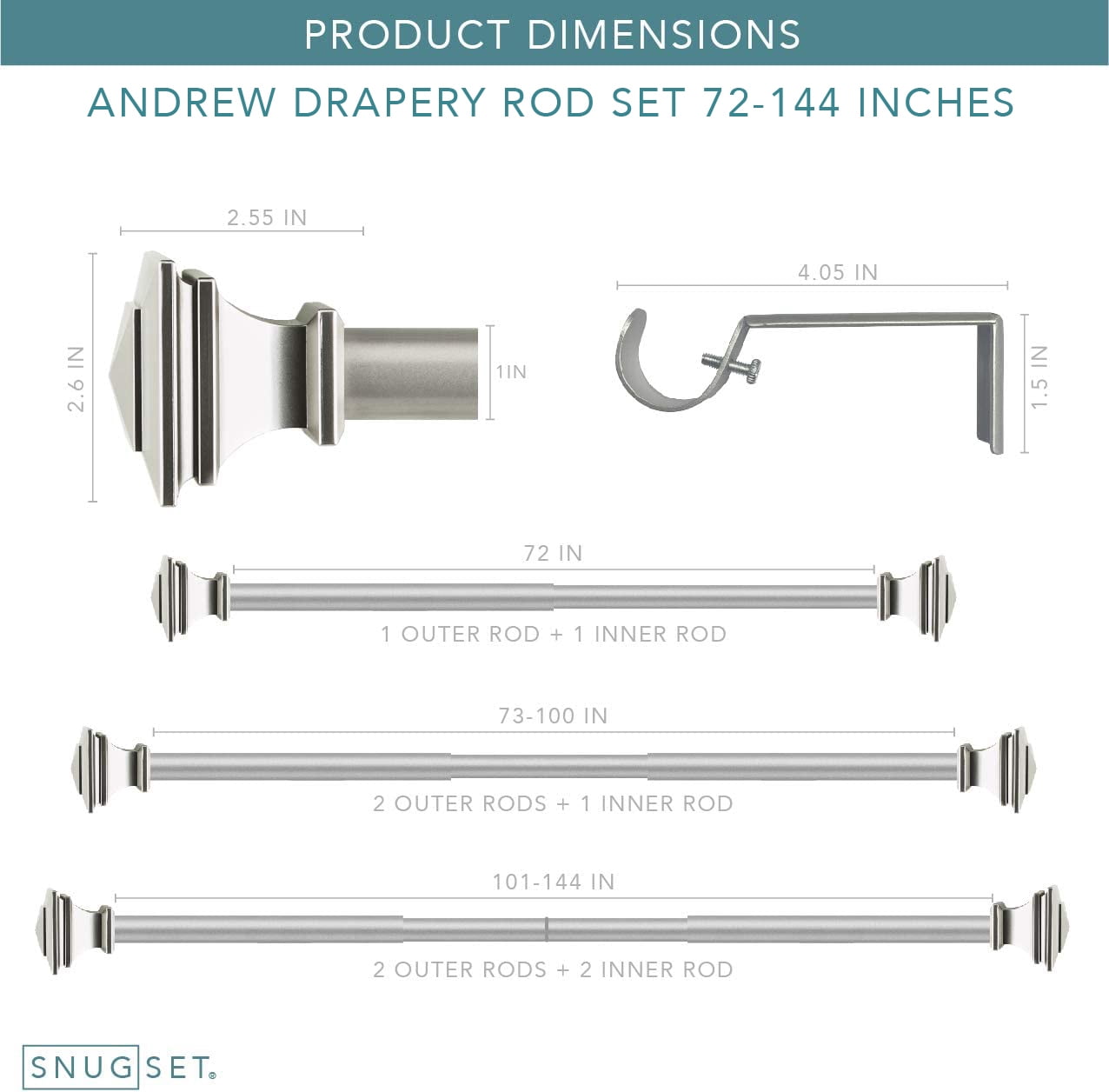 SnugSet 1" Nickel Andrew Square Adjustable Single Curtain Rod, 72"-144"