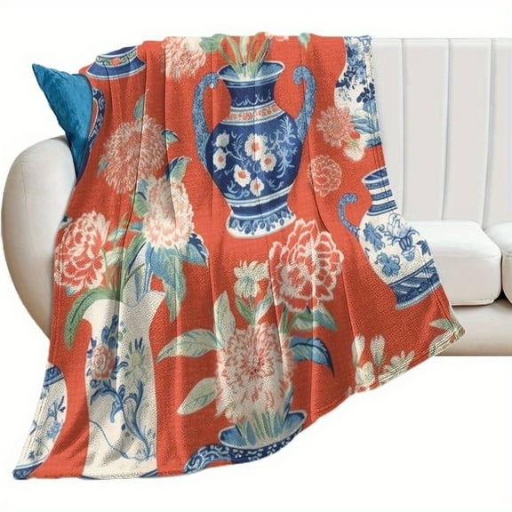 Contemporary Reversible Flannel Throw Blanket - All Seasons Multipurpose Knitted Polyester, 250-300gsm, Orange Red Chinoiserie Floral Blue and White Porcelain Vase Print, Lightweight Plush Fuzzy Cozy