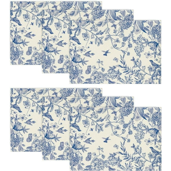 Hydrangea Flowers Branches Chinoiserie Spring Placemats Set of 6, 12x18 Inch Table Mats for Party Kitchen Dining Decoration