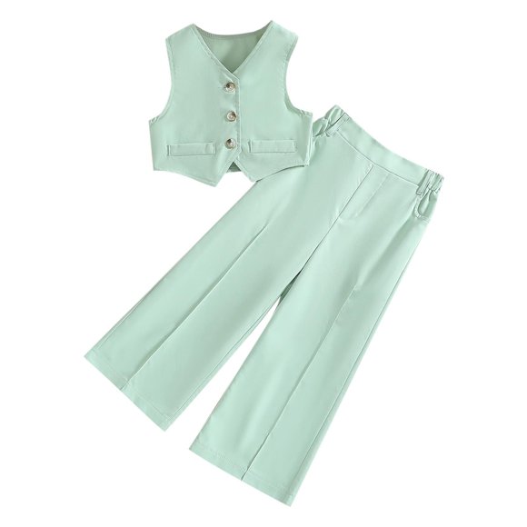 Taqqpue Summer Kids Girls Outfits Solid Suit Sets Button Sleeveless Vest Blazer High Waist Pants Young Girls Suits 2Pcs (3-10 Years)