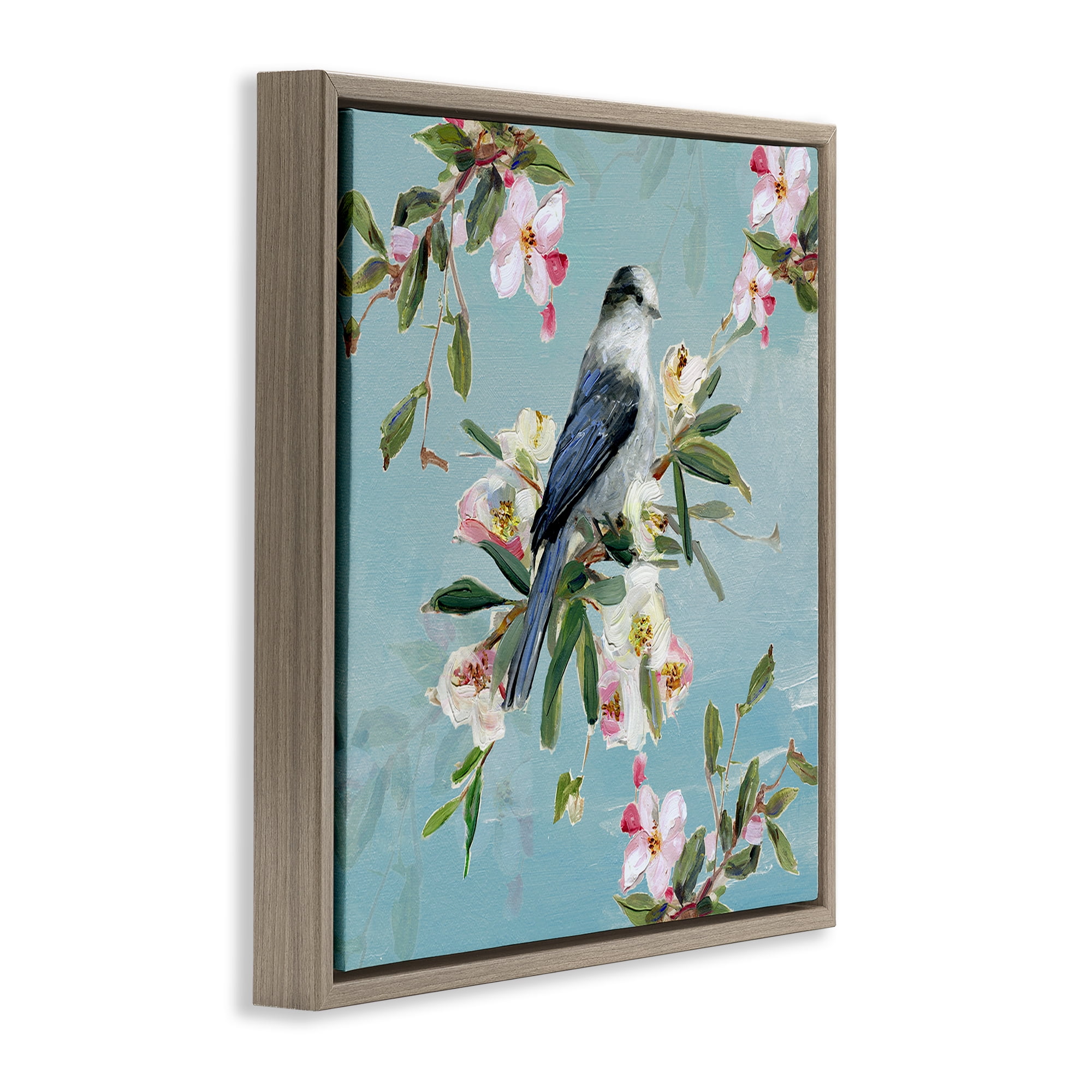 Stupell Industries Pastel Songbird Among Blossoms Brown Framed Floater Canvas Wall Art, design by Sally Swatland