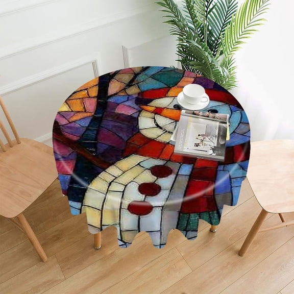 RKSupls 60 Inch Round Tablecloth, Stained Glass Snowman Winter Premium Polyester Straight Edge Wrinkle Resistant Washable Table Cover for Party Home Dining Decor
