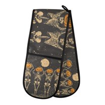 Yayeee Double Oven Mitt Kitchen Heat Resistant Baking 35" x7" Quilted Glove, Beige Halloween Skeleton