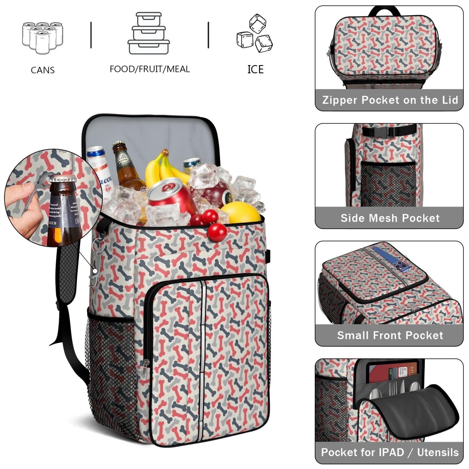 Travel Cooler Bag - Dog Bones Camping Beer Cooler Backpack with Bottle Opener- Waterproof Insulated Picnic Backpacks - Cooler Bag for Beach