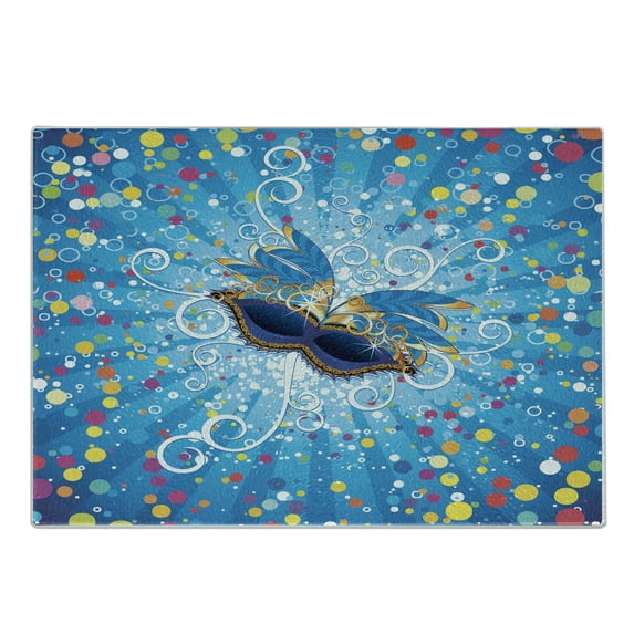 Mardi Gras Cutting Board, Party Backdrop Colorful Dots Spots and Carnival Swirls, Decorative Tempered Glass Cutting and Serving Board, Small Size, Multicolor, by Ambesonne