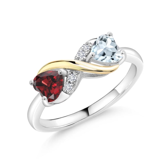 Gem Stone King 1.06 Ct Red Garnet Sky Blue Aquamarine 925 Silver and 10K Yellow Gold Lab Grown Diamond Ring