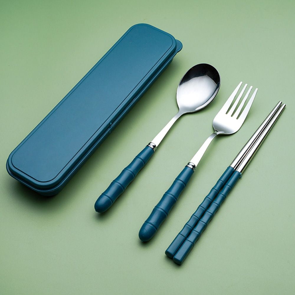 3Pcs/set Portable With Storage Box Reusable Stainless Steel Cutlery Set  Tableware Spoon Fork Chopstick Kits Dinnerware BLUE
