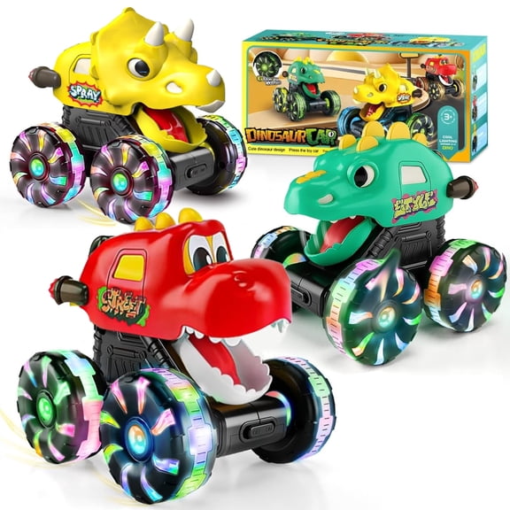 Liegorji 3PCS Dinosaur Car Toys for Kids, Light up Wheels Monster Truck Toys for Boys Girls, DIno Truck Birthday Gifts for 1-3 3-5 5-8