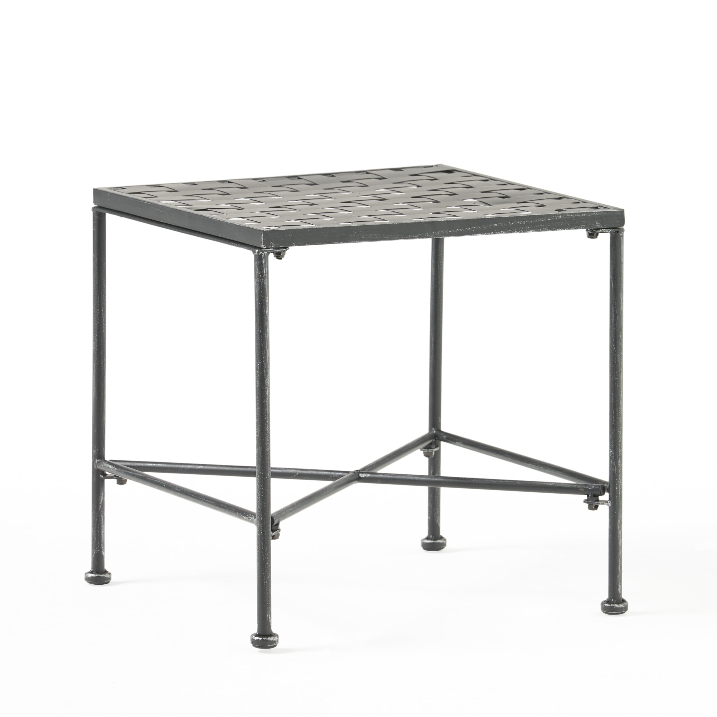 Outdoor Iron Frame End Side Table, Simple Decor Accent Table for Patio Garden, Black Brush Silver