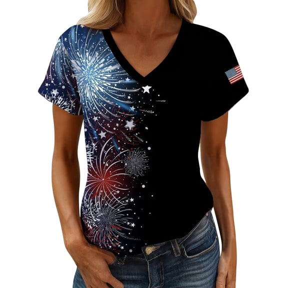 MEICHEN Women's V Neck Butterfly & Rose Print T Shirt Patriotic Glitter Graphic Casual Top