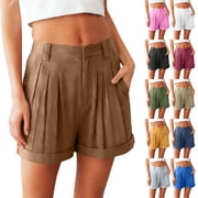 Hilenly Womens Pleated Front Cotton Shorts High Waist Wide Leg Shorts Dressy Work Shorts with Pockets