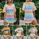 thumbnail image 3 of Camisa a rayas casual para mujer Rayas arcoíris O-cuello de manga corta Jersey de gran tamaño Tops d Abanopi Tipo3/5XL, 3 of 7