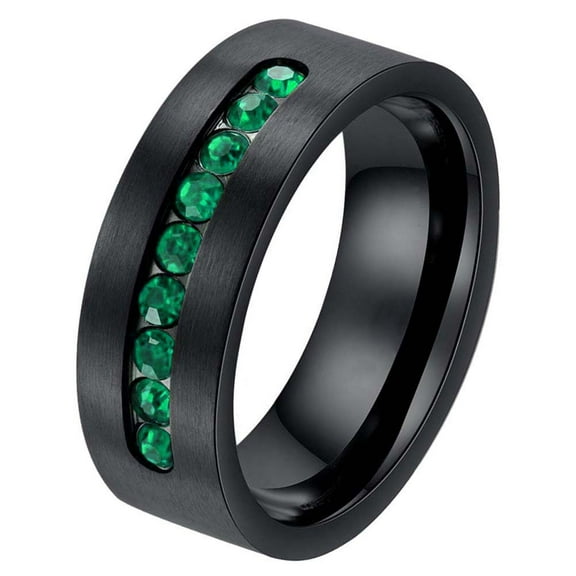 Black Gold Plated Matte 8mm Titanium Steel Mens Ring Men Wedding Band Green CZ Man Ring