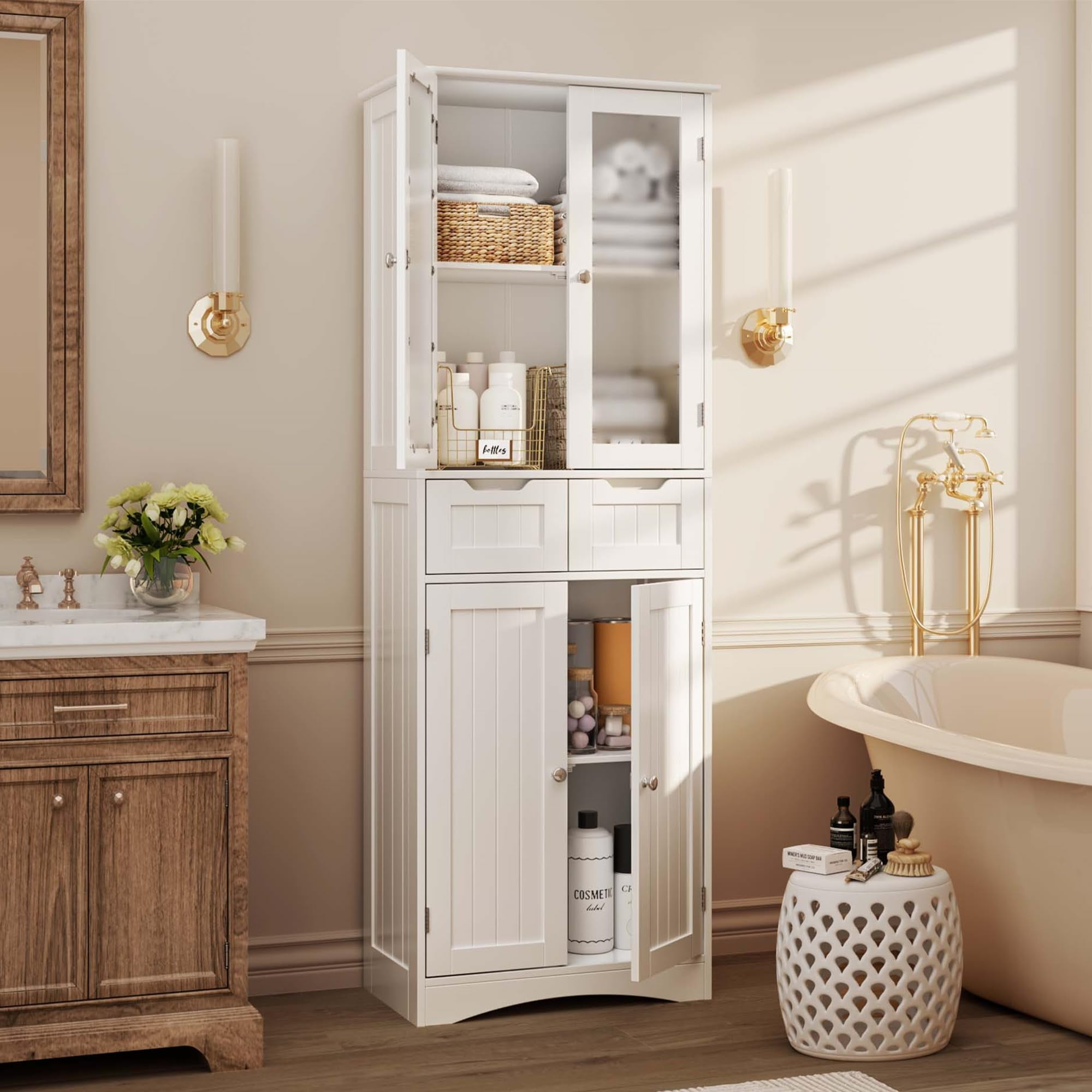 Pantry Cabinet,Lofka 67" Kitchen Pantry with Glass Door & Shelves & 2 Drawers, White