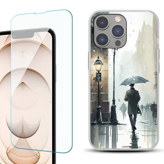 OneToughShield ® for iPhone 15 Pro Max Shockproof Fashion Phone Case, with Tempered Glass Screen Protector - City in the rain