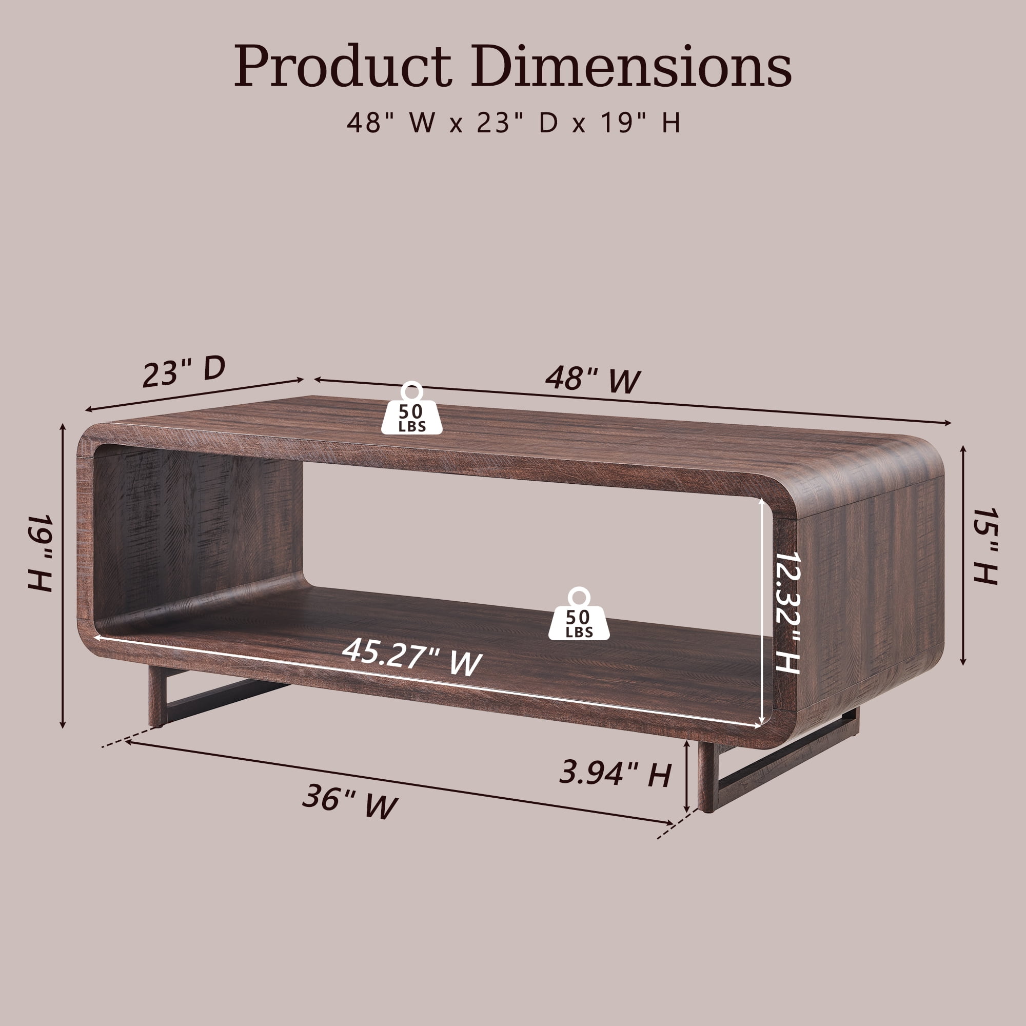 SinCiDo Modern Coffee Table with Storage Shelf, 2-Tier Wooden Rectangular Minimalist Center Table, Curved Profile Design for Living Room, Office, Brown