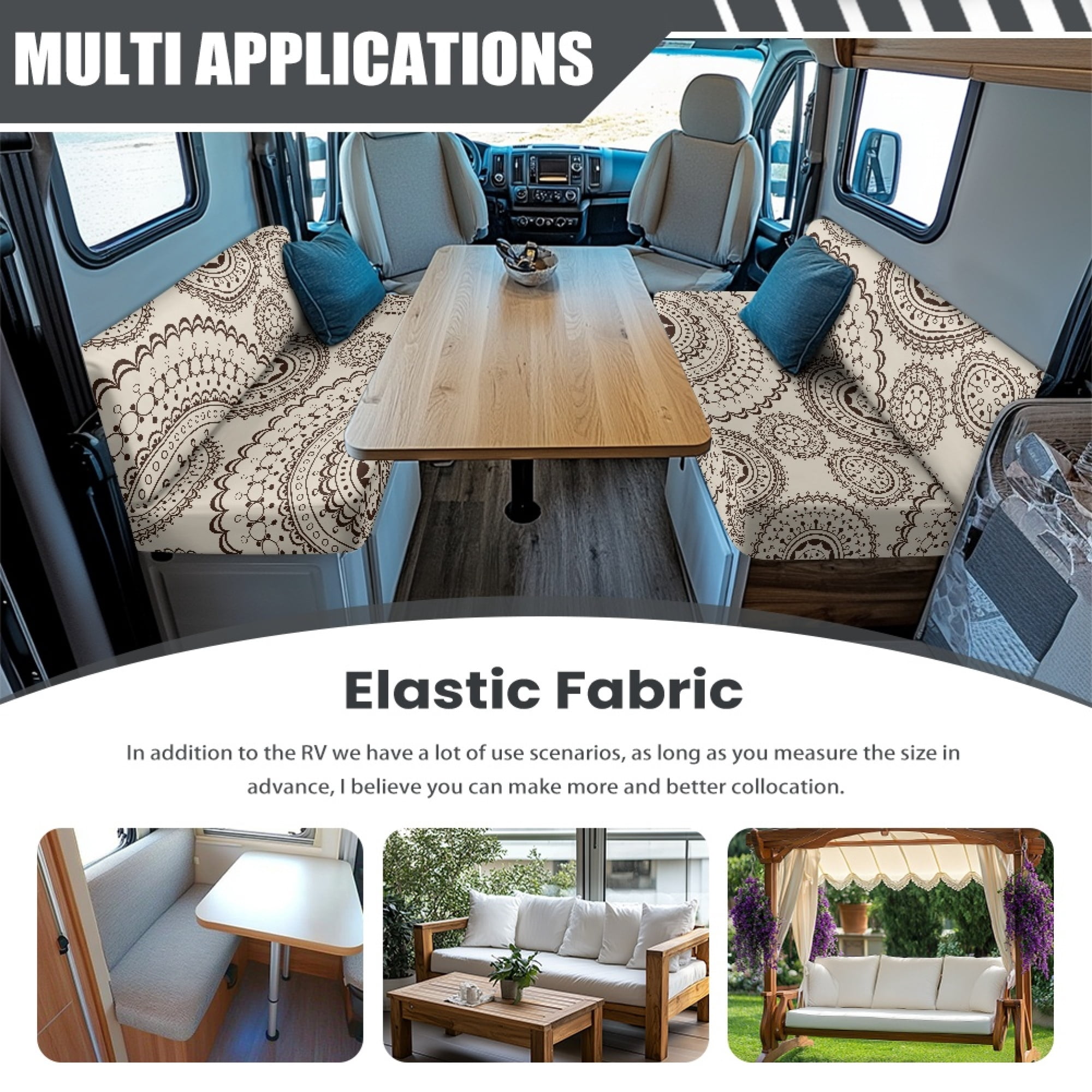 FOR U DESIGNS Boho Mandala Print 2 Pcs RV Dinette Cushion Covers Waterproof Camper Cushion Slipcover Stretch Sofa Furniture Protector Include1 Backrest Covers and 1 Bench Covers