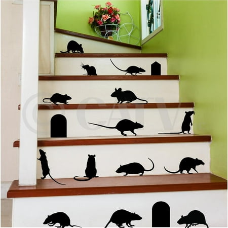 Rats Mice Doors Set of 17 Halloween Vinyl Wall Pattern Decal Stickers (Black)