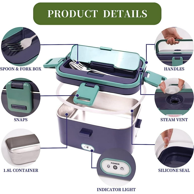 3-in-1 Electric Lunch Box For Car & Office - 80W, 1.8L Leak-Proof Food Warmer, Blue Green
