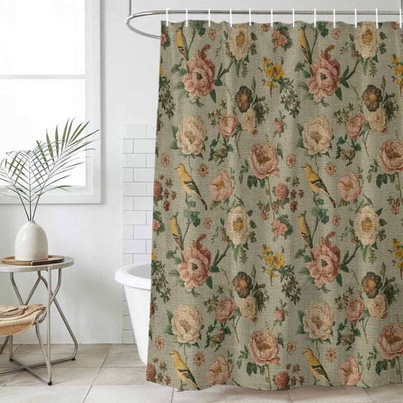 Vintage Spring Floral Long Shower Curtain Set, Waterproof Shower Curtains for Bathroom, Farmhouse Flowers Green Vintage Washable Fabric Bath Curtain for Bathtub Decoration with Hooks 72x84 Inches