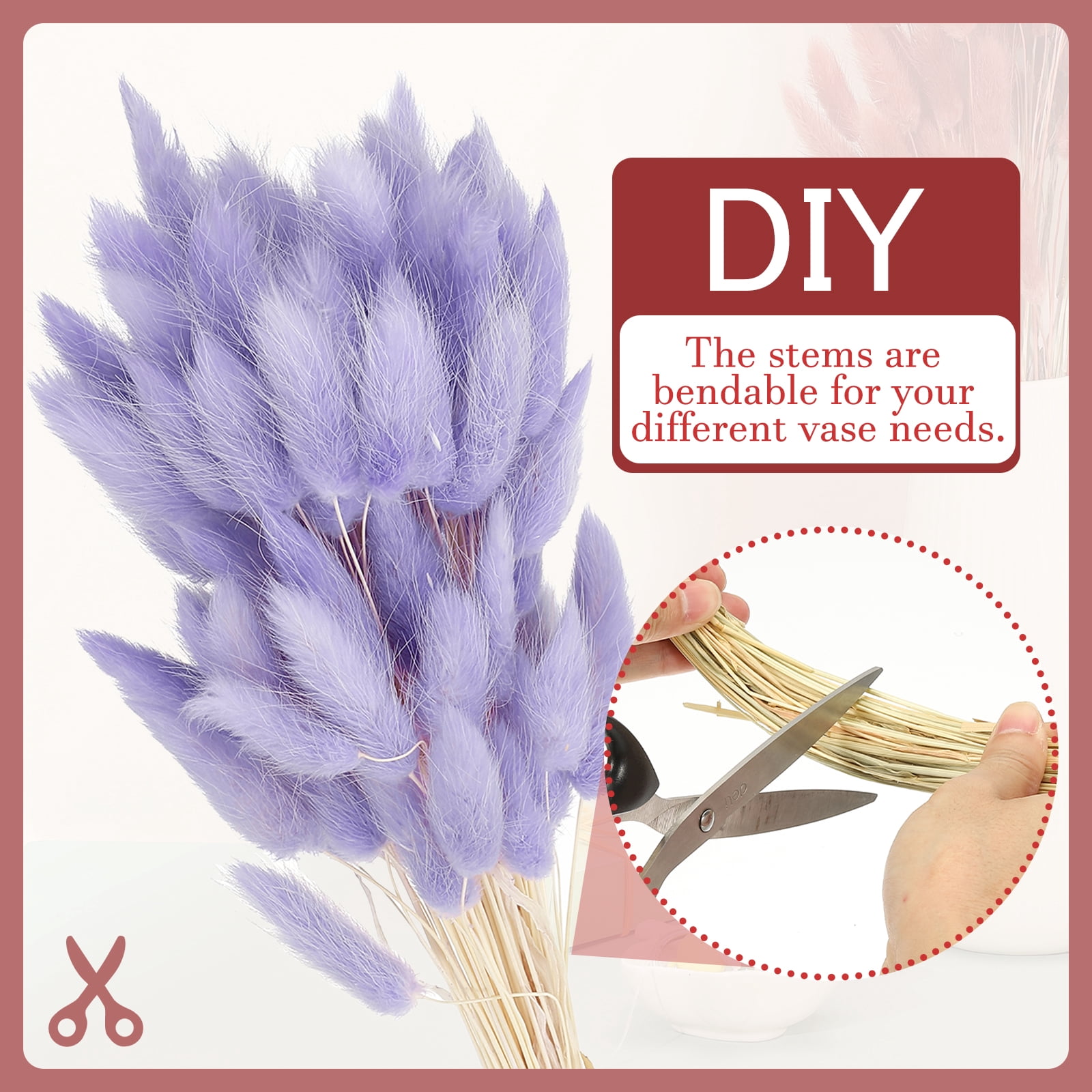 Uxcell 15.7in Bunny Tails Dried Flowers, 150pcs Pampas Grass Decor Rabbit Tail Natural Pampas Grass Bulk Fluffy Faux Pampas Grass Small Dried, Purple