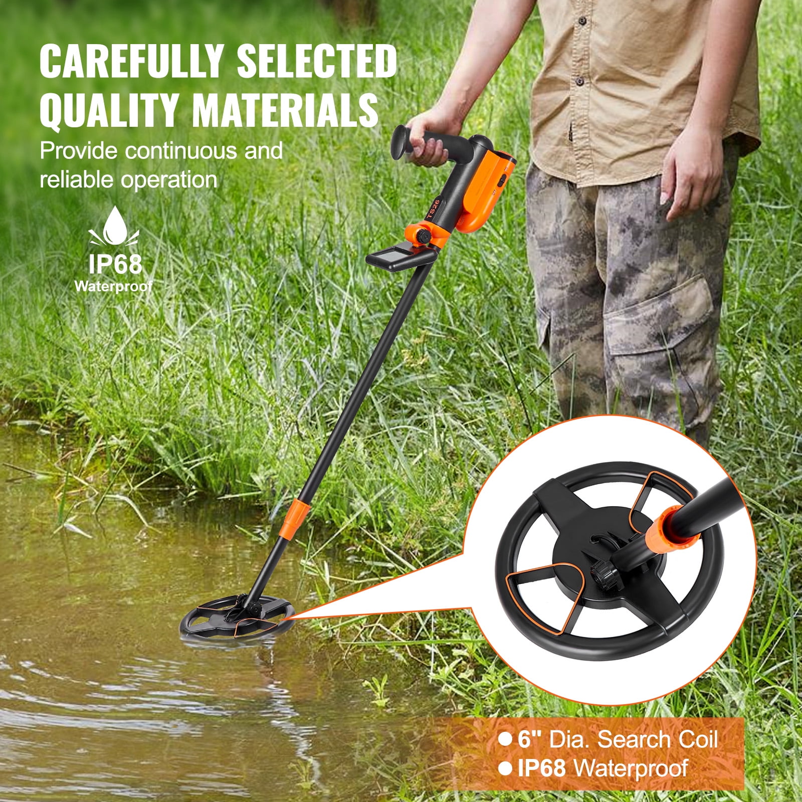 KFFKFF 6" Metal Detector with LCD Display, 26"-36" Adjustable Stem for Kids and Adults, 2 Modes Gold Detector with IP68 Waterproof Coil, Suitable for Beaches, Backyards, Hiking