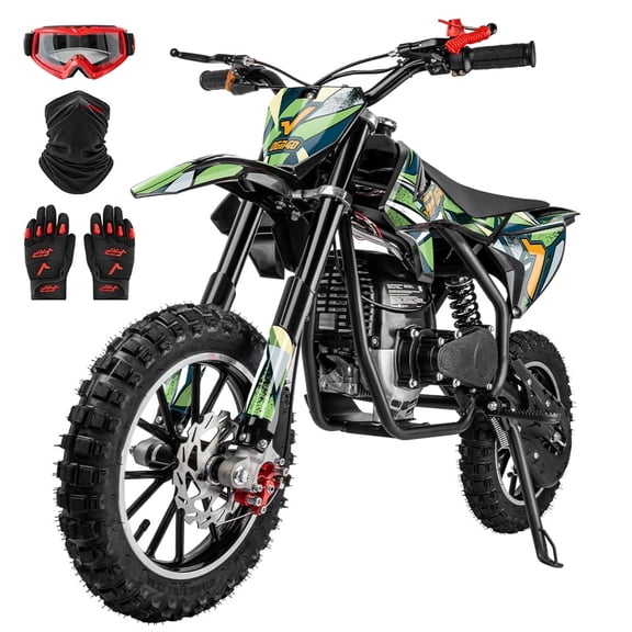 Kids Mini Dirt Bike, 40cc 4-Stroke Gas Powered, Pull Start, No Oil Mixing, Front & Rear Disc Brakes, Up to 20 MPH, 132 lb Capacity Plus Package – Green