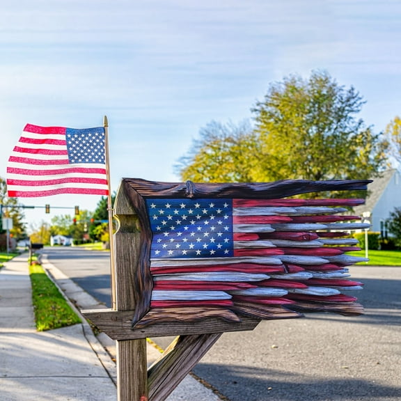 BSJJY Handmade Wooden American Flag Shaped Garden Decoration, Patriotic Wooden Flags Wall Art, Indoor & Outdoor Wooden Rustic American Flag Decoration
