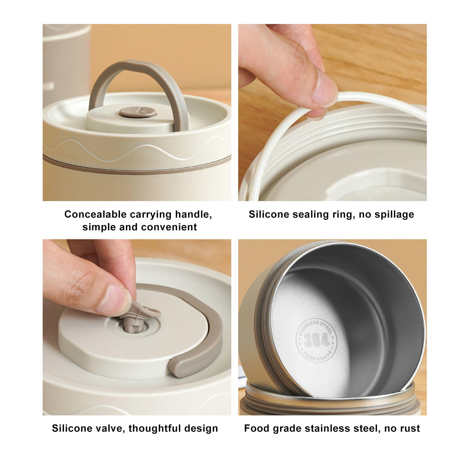 Rupoun 304 Stainless Steel Insulated Lunch Box – Round Thermal Bento with Sealed Lid, 4 Compartments, Lightweight & Portable, Beige, 4‑Piece Set