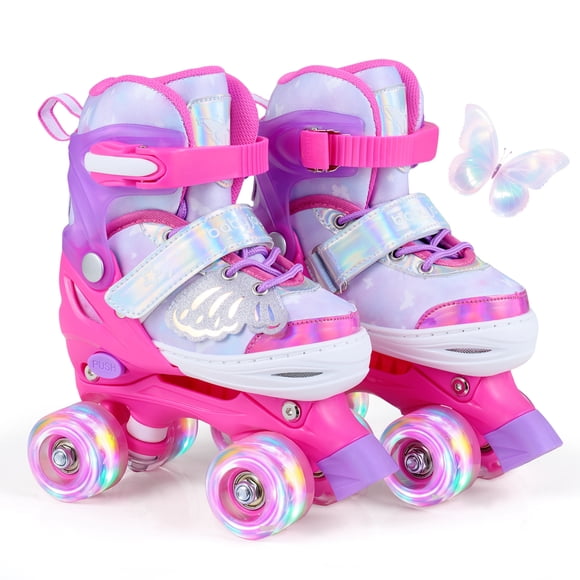 Babyjoy Kids Roller Skates 4 Sizes Adjustable Quad Skates with Light-up Wheels for Ages 5-7 Pink