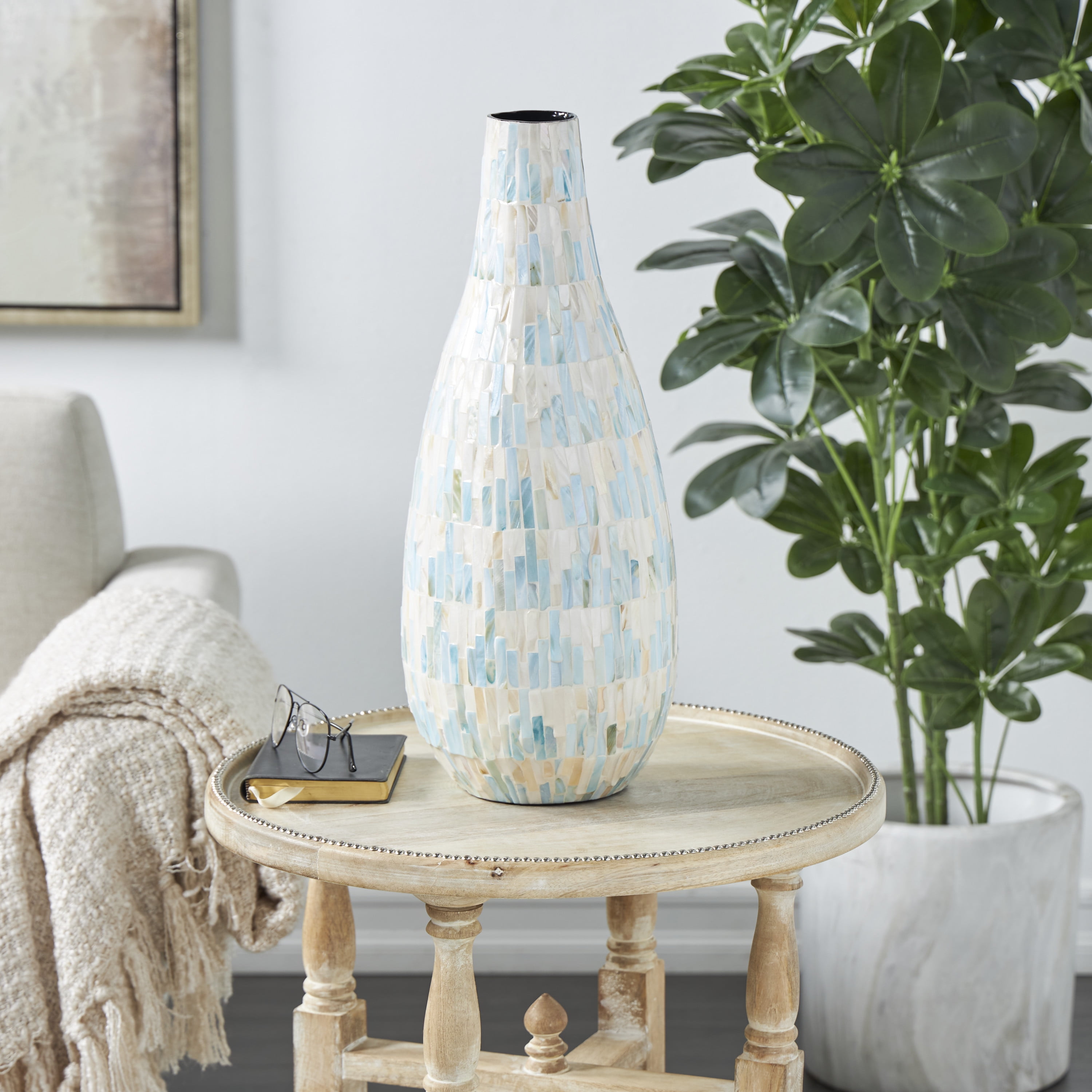 DecMode 21" Handmade Mosaic Inspired White Mother of Pearl Vase with Pastel Blue and Pink Accents