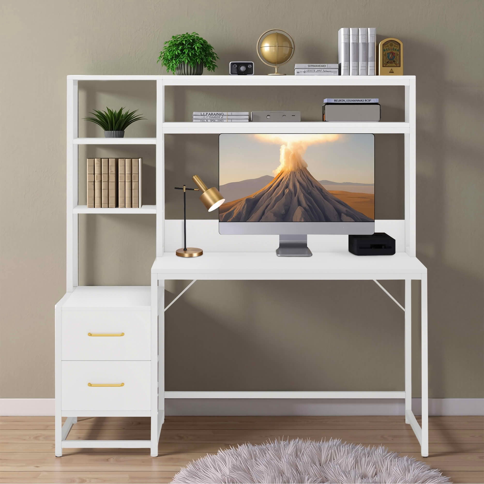 MAYEERTY 60" Tall Computer Desk with Hutch & 2 Drawers, Industrial Rustic Writing Table with Storage Shelves