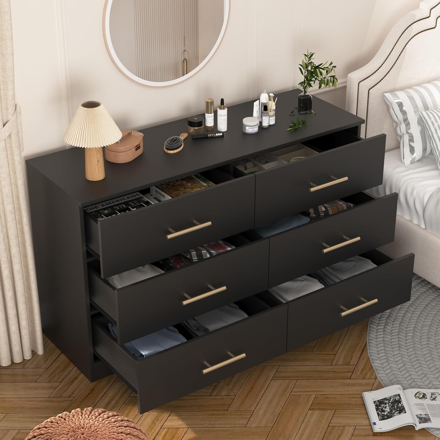 Miniyam 6-Drawer Dresser with Deep Drawers & Golden Handles for Adult Bedroom, Black