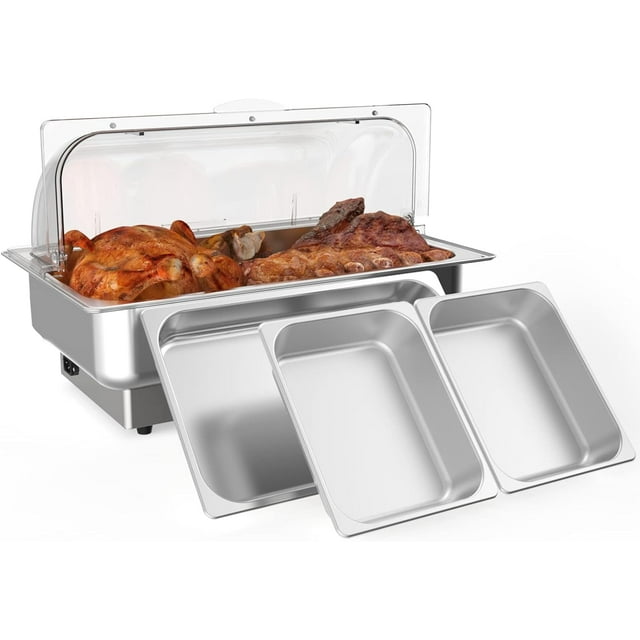 Rectangular Electric Chafing Dish Buffet Set with Temperature Control | 9QT Stainless Steel Food Servers and Warmers with Transparent Lid | Perfect for Catering, Weddings, and Parties
