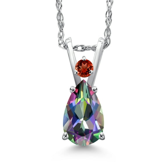 Gem Stone King 14K White Gold Green Mystic Topaz and Red Garnet Pendant Necklace for Women | 0.95 Cttw | Gemstone November Birthstone | Pear Shape 7X5MM | With 18 inch Chain