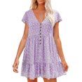 thumbnail image 1 of Prolriy Robes Printemps Été pour Femmes 2025 Robes d'Été à Manches Courtes à Fleurs Col en V Boutonnée Robes Courtes pour Femmes, Robes pour Femmes Violet L, 1 of 6