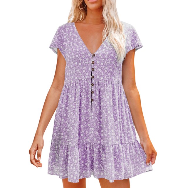 Prolriy Robes Printemps Été pour Femmes 2025 Robes d'Été à Manches Courtes à Fleurs Col en V Boutonnée Robes Courtes pour Femmes, Robes pour Femmes Violet L