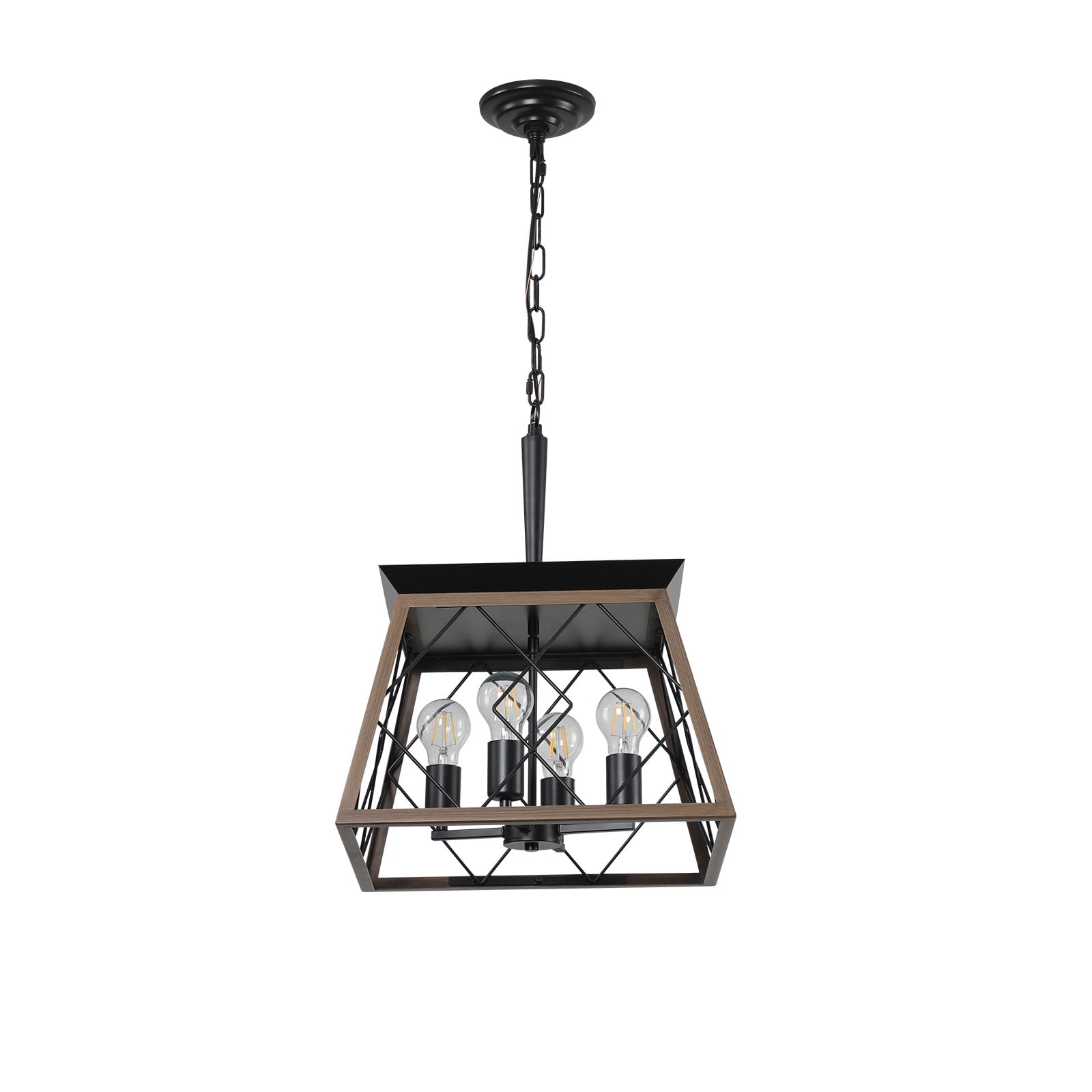 4-Light Farmhouse Vintage Chandelier, Rustic Pendant Light, with Faux Wood Finish, Adjustable Chain Industrial Fixture for Dining Room, Foyer, Kitchen Island, Walnut E26 Base