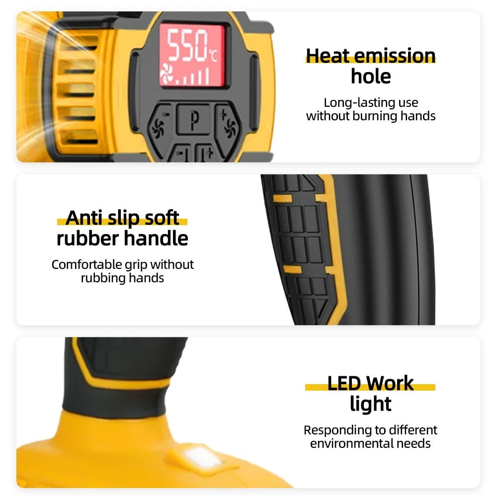 300W 550 Cordless Heat Gun with 5 Nozzle & LCD Digital Display Cordless Hot Air Gun for DW 20v Battery  (No Battery) ,Variable Temperature