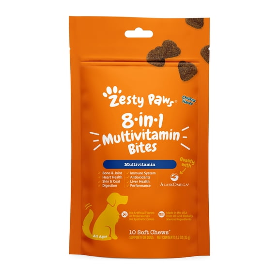Zesty Paws 8-in-1 Multivitamin Bites, Chicken Flavor, 10 Count, Pouch