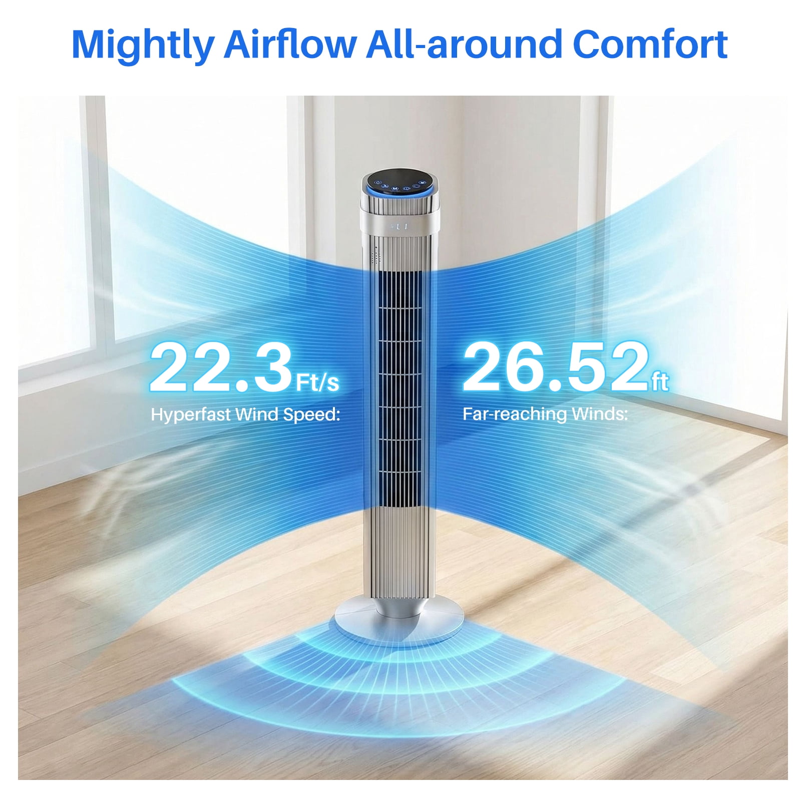 EDX Bladeless Tower Fan for Bedroom, 25ft/s High Velocity 28dB Quiet DC Fan, 5 Speeds 4 Modes, 12H Timer 64°Oscillating, Remote Standing Fan for Home Office Indoor, Silver
