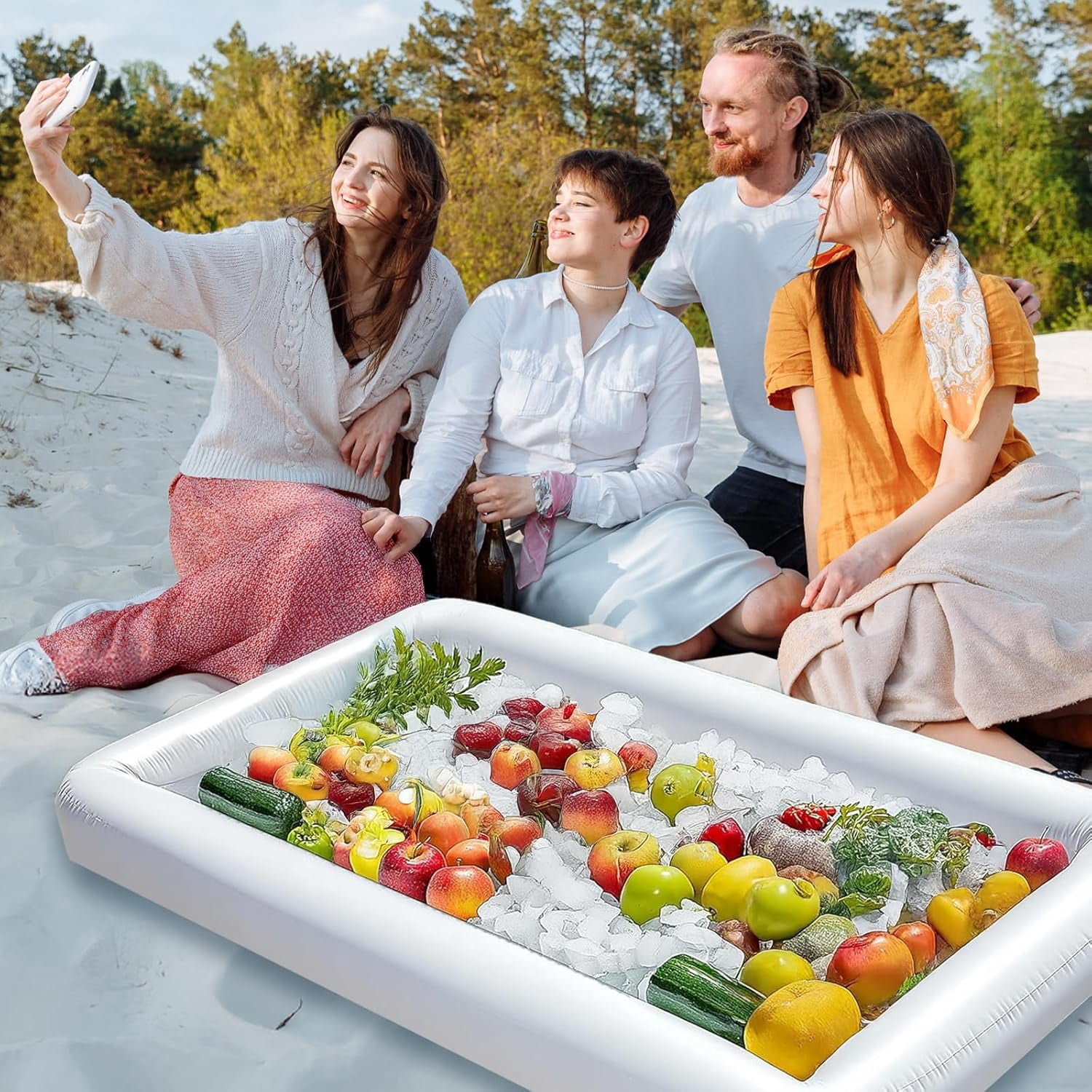 2 Pack Inflatable Ice Serving Bar Pool Party Buffet Drink Cooler Floating Ice Tray Food Drink Containers for Summer Parties with Inflatorce