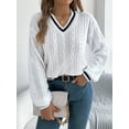 thumbnail image 5 of Women's Casual V-Neck Long Sleeve Sweater Fashion Striped Pullover Cable Knit Preppy Sweater, 5 of 5