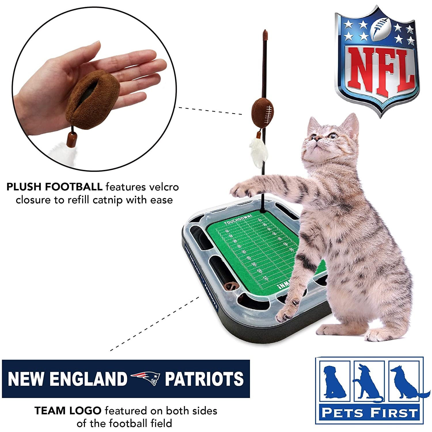 NFL New England Patriots CAT Scratcher Toy with Catnip Plush & Feather Cat and Kitty Toy
