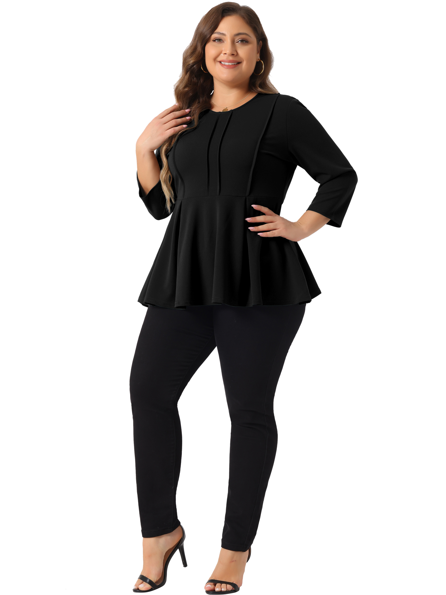 DARING DIVA Women's Plus Elegant Crew Neck 3/4 Sleeve Peplum Top 4X Black